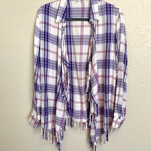 Anthropologie Willow & Clay blue duster open front cardigan Fringe Plaid size XS